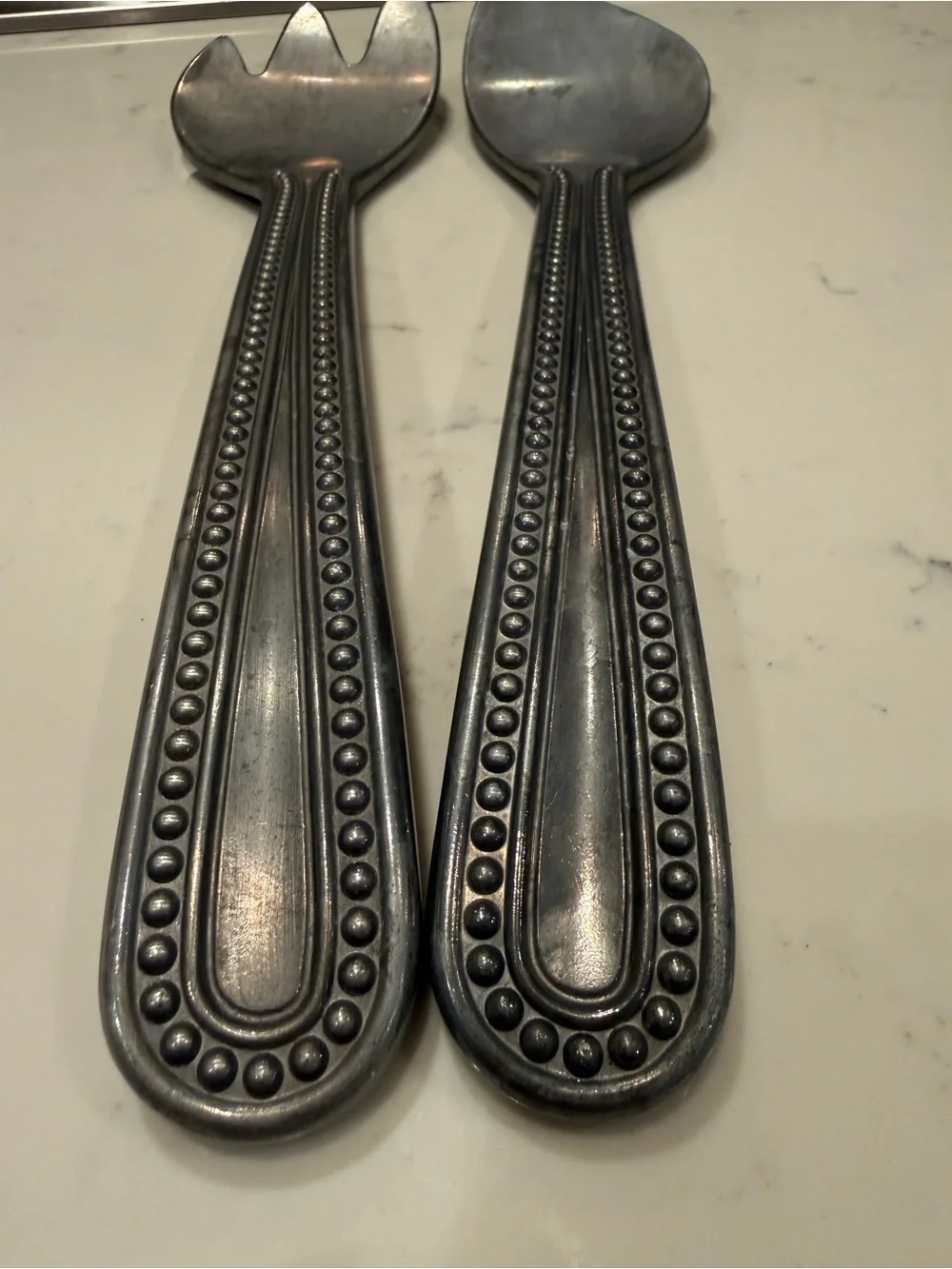 Vintage Wilton Armetale Salad Serving Set Beaded Handle 12” Fork Spoon
